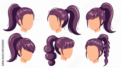 A collection of six pixel art portraits showcasing different stylish purple hairstyles, bound neatly