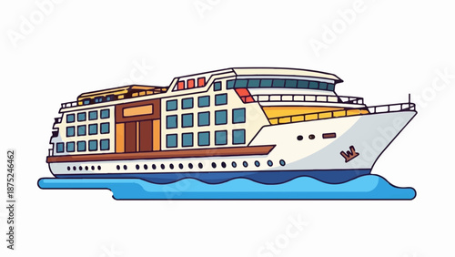 A cartoon-style cruise ship with multiple decks, windows, and yellow accents, sailing on blue water