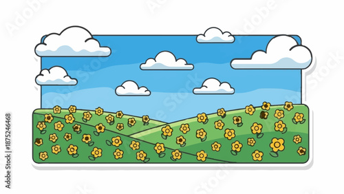 A cheerful, simple illustration of a bright blue sky with fluffy clouds over rolling green hills covered in yellow flowers