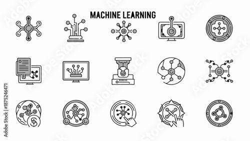 A collection of simplified icons representing machine learning concepts and processes