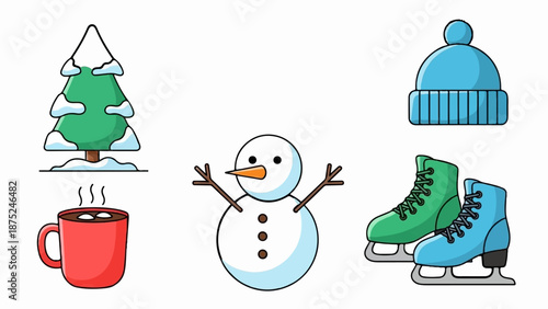 A cheerful snowman, snow-covered tree, hot drink, ice skates, and a winter hat