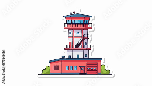 A cartoon-style control tower with a red and white structure, windows, and an attached garage