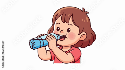 A child drinks from a blue plastic water bottle against a white background