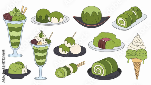A collection of sweet green tea flavored desserts, including parfaits, mochi, and ice cream