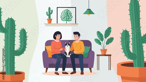 A couple sits with their cat on a sofa, surrounded by potted plants and cacti in a cozy home