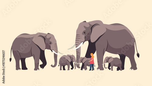 A child stands among a herd of elephants, a gentle giant gathering