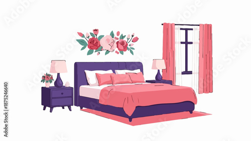 A cozy bedroom scene with a plush bed, bedside tables, and floral decor