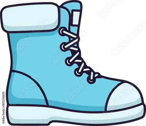A cartoon-style light blue high-top sneaker with white laces and faux fur trim