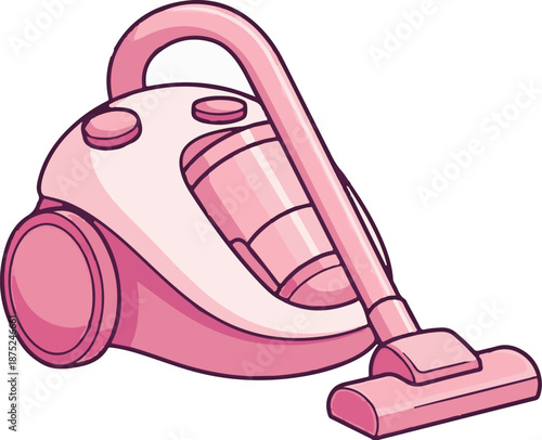 A cartoon-style illustration of a pink vacuum cleaner with a hose and nozzle