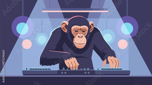 A chimpanzee DJing in a club with disco lights