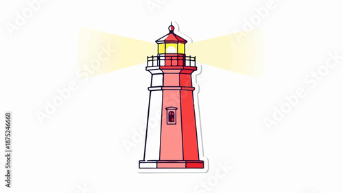 A cartoon-style lighthouse, red and white, emits yellow light beams
