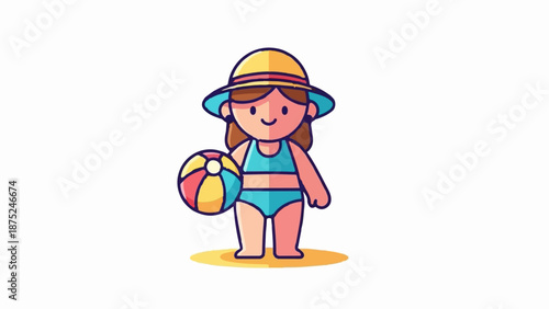 A child in a swimsuit and hat holds a striped ball on a sandy area