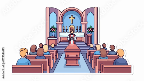 A church ceremony with a coffin at the front and people sitting in pews