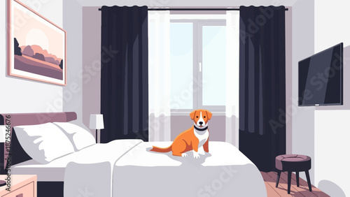 A cozy bedroom with a dog on the bed, overlooking a window