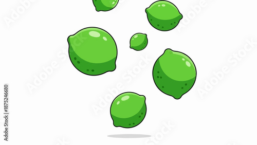 A collection of vibrant green cartoon limes scattered across a white background