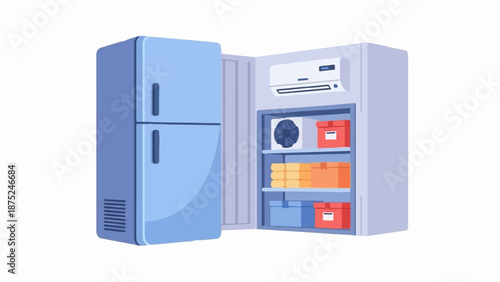 A cartoon-style open refrigerator filled with organized boxes, a fan, and an air conditioner unit