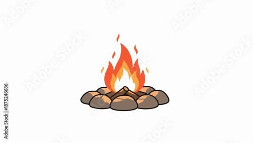 A cozy campfire crackles with vibrant orange and yellow flames, nestled within a ring of smooth stones and logs