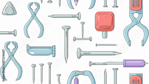 A collection of various metal tools and fasteners including pliers, nails, and clamps