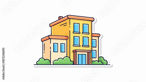 A cartoon-style multi-story building with orange roof trim and blue windows