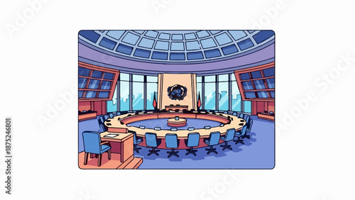 A circular conference room with a dome ceiling, monitors, and a long table