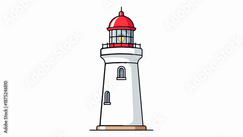 A classic cartoon lighthouse with a red top and white body, guiding ships