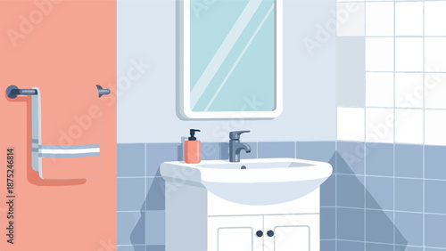 A clean, minimalist bathroom sink area with tiled walls, a mirror, and a towel