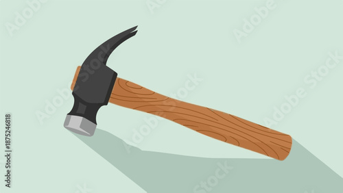 A claw hammer with a wooden handle and metal head lies on a light blue background