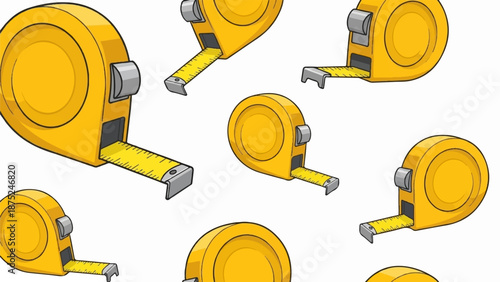 A collection of yellow measuring tapes scattered across a white background