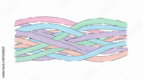 A colorful, abstract woven pattern with pastel ribbons overlapping each other