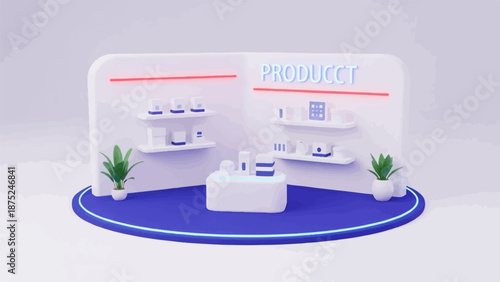 A clean, modern exhibition booth displays various cosmetic products on shelves and a central display