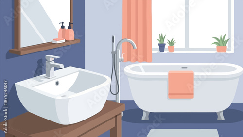 A clean, minimalist bathroom features a white sink, a clawfoot tub with a coral towel, and potted plants