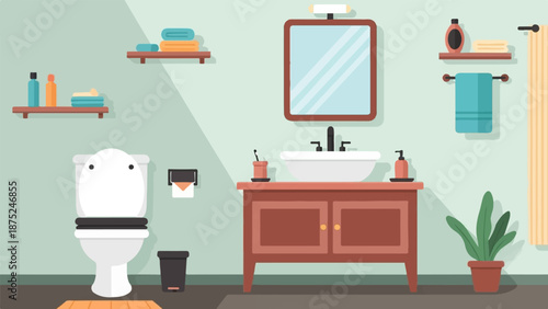 A clean, modern bathroom scene with a toilet, sink, and shelves