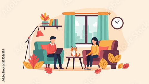 A cozy living room scene with two people, a fox, and autumn leaves