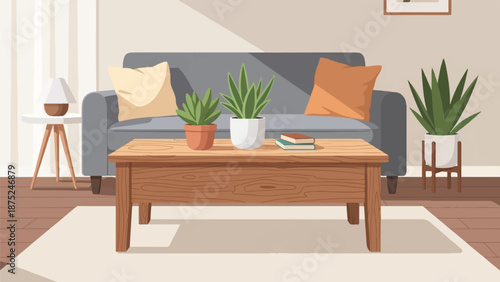 A cozy living room with a grey couch, coffee table, plants, and a lamp