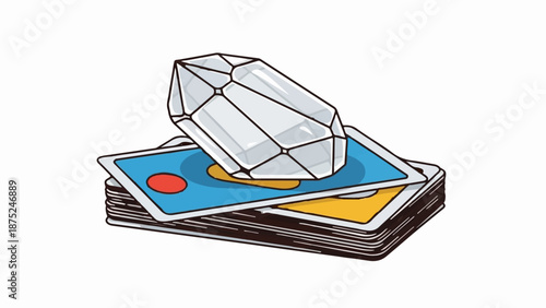A clear crystal prism rests on a stack of colorful cards with simple geometric designs