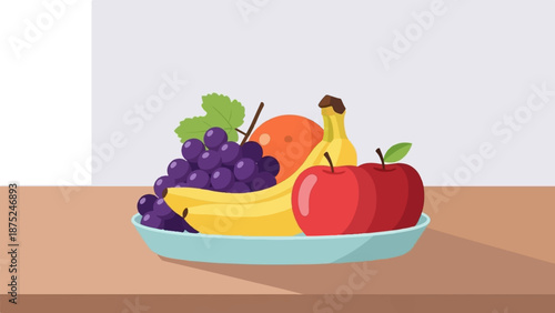 A colorful assortment of fresh fruit in a blue bowl on a wooden table