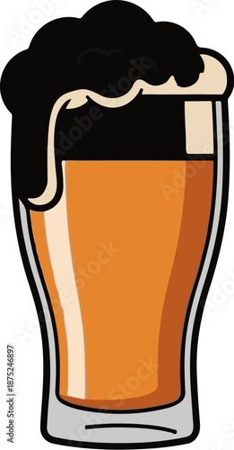 A clear glass filled with amber liquid and topped with frothy dark foam