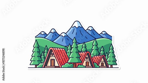 A cozy mountain village with A-frame cabins nestled among pine trees and snow-capped peaks