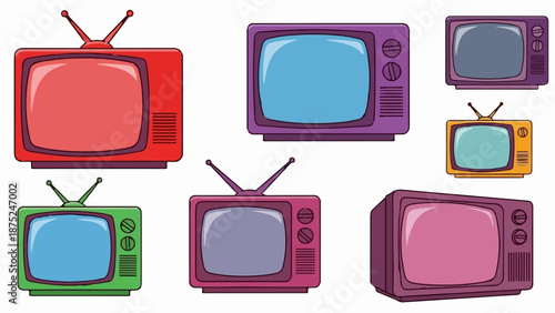 A colorful assortment of retro television sets with antennas and knobs