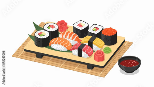 A colorful assortment of sushi and rolls on a bamboo mat with dipping sauce