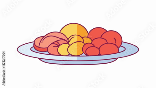 A colorful assortment of round fruits and crescent-shaped pastries on a light blue plate
