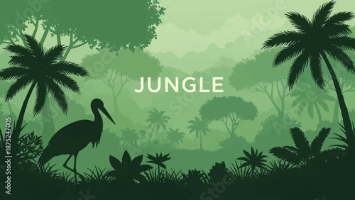 Digital illustration of a bird standing in a lush jungle with tropical plants and trees in green hues.