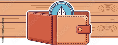 A digital currency coin is peeking out of an open leather wallet on a wooden surface