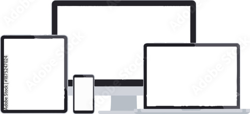 A digital display arrangement featuring a tablet, smartphone, and laptop with blank screens