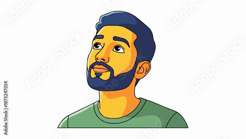 A close-up, animated portrait of a man with dark hair and beard, looking upwards