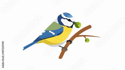 A colorful bird with a green berry in its beak rests on a branch