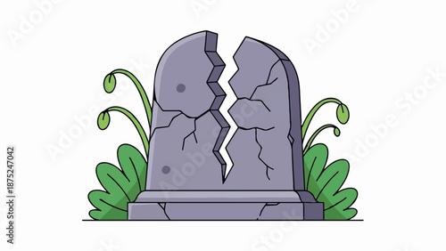 A cracked, old tombstone stands amidst green foliage