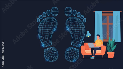 A digital footprint hovers above a person working on a laptop on a couch