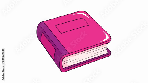 A closed pink book with purple binding and a rectangular indentation on the cover