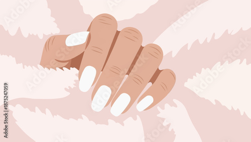 A close-up artistic illustration of a person's hand with neatly manicured white nails